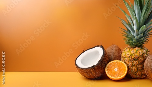 juicy fruits like coconut pineapple and orange arranged nicely on a bright backdrop with ample copy space image