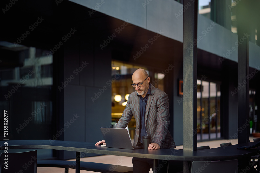 Fototapeta premium Smiling mature businessman working laptop outdoors.