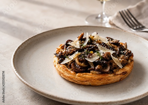 Gourmet stuffed savory pancake with caramelized onions and mushrooms served on white plate