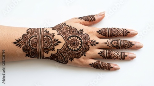 Intricate henna design adorns the back of a human hand and wrist against a plain white background mehndi floral ornament pattern temporary