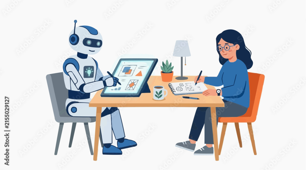 Fototapeta premium Robot and human collaborating on a digital design project using a tablet and notebook at a desk
