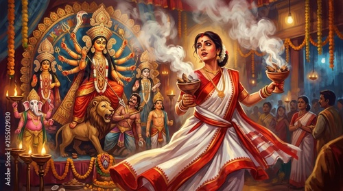 A depiction of goddess durga and a woman performing a ritual with incense fills a richly detailed ornate scene hinduism deity divine