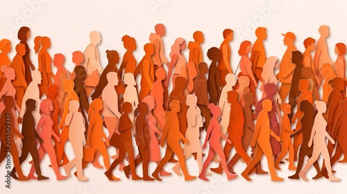 Large crowd of diverse people walking in unison with silhouette diversity movement lifestyle togetherness abstract illustration