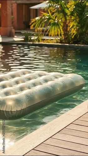 Floating inflatable mattress on clear blue swimming pool water at a tropical resort during a bright sunny afternoon vacation summer relaxation leisure luxury