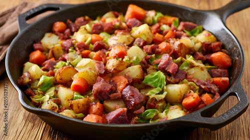 A rustic cast iron skillet, set on a wooden surface, featured sizzling corned beef hash with golden potatoes, vibrant carrots, and green cabbage.
