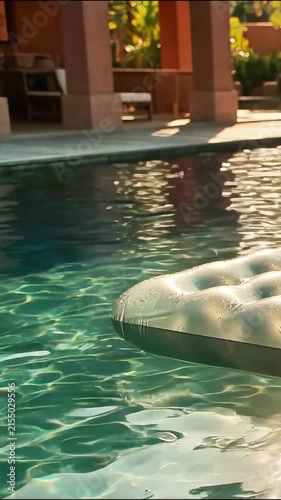 Close up of an empty inflatable mattress floating on tranquil blue resort swimming pool water at sunset relaxation leisure vacation summer sunlight