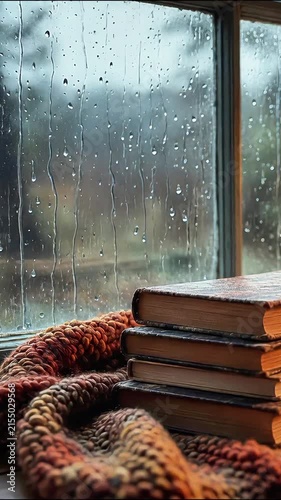 Stack of old books resting on a cozy knitted blanket by a window on a rainy grey day reading literary rain autumn fall reading literary rain autumn fall