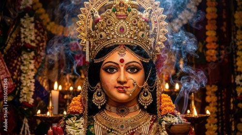 A close up photograph depicts a richly adorned durga idol during a hindu religious ceremony with flickering candlelight and incense smoke statue