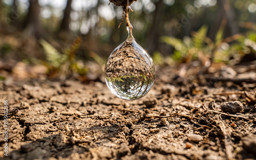 Large water drop hanging above cracked dry earth with forest reflection