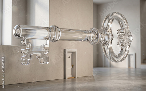 Large transparent glass key floating in front of a small miniature doorway