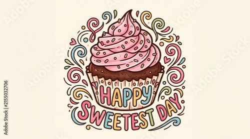A detailed vector illustration showcases a frosted cupcake surrounded by decorative swirls and the text happy sweetest day frosting sweetness dessert bakery