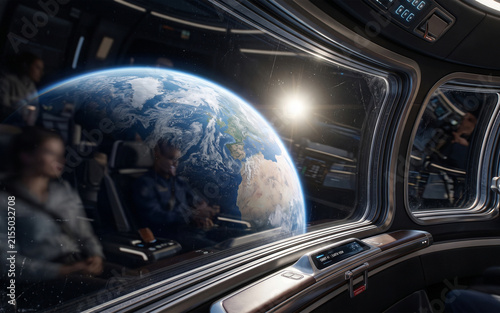 View of planet earth from the window of a futuristic spaceship cockpit with crew members