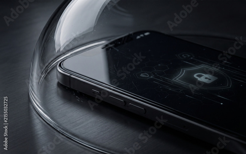 Smartphone under a glass dome with a glowing digital security shield