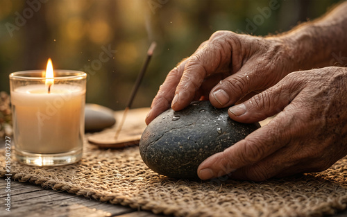 Elderly hands touching a smooth dark stone beside a lit candle and incense