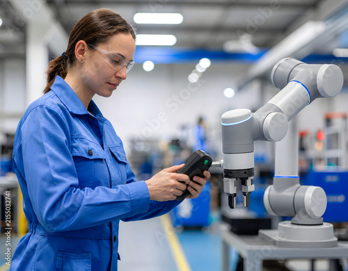 Moderner kollaborativer Roboterarm wird von einem Techniker sicher von Hand geführt