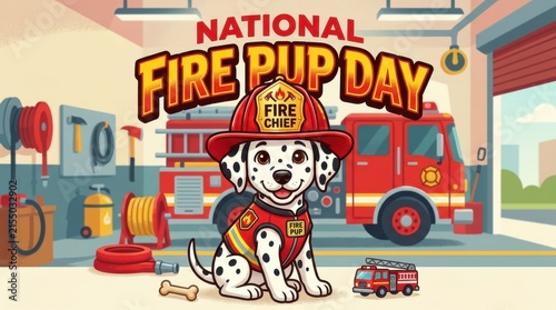 Dalmatian puppy wearing a firefighter helmet sits near a fire truck in a vector illustration firetruck fireengine dog canine spotty cartoon character mascot