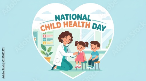 Vector illustration depicts a heart shaped scene with a doctor examining two children promoting national child health day healthcare pediatric medical physician toddler