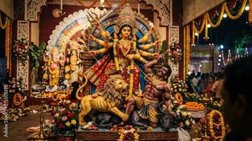 A detailed depiction of goddess durga with lion and other figures during a festive celebration hinduism deity divinity worship festival puja religious tradition