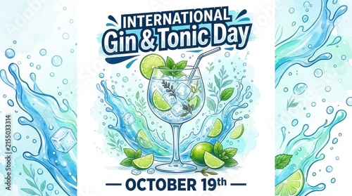 Watercolor illustration depicts a gin and tonic cocktail garnished with lime and mint beverage drink refreshment alcohol spirited citrus garnish glassware stemware bubbles