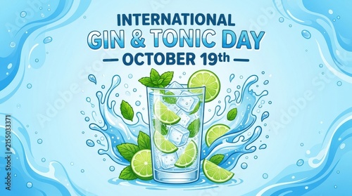 A glass of gin and tonic with limes and mint is depicted in a vibrant vector illustration cocktail beverage lime glassware drink refreshment