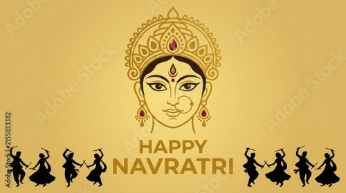 Illustration of a goddess face with dancers below celebrates the Navratri festival divinity deity hinduism celebration silhouettes ornament headpiece jewels ruby gold vector