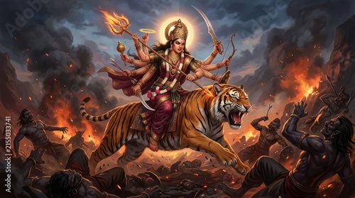 A multi armed goddess rides a tiger amidst a chaotic fiery battle scene durga hinduism deity divine warfare mythology religious spiritual sacred powerful