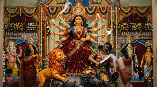A depiction of goddess durga riding a lion is showcased within a vibrant hindu temple setting hinduism deity divinity worship mount vehicle mythology