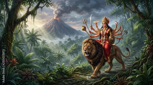 Durga riding a lion amidst a lush jungle and volcanic landscape is a detailed digital painting goddess hinduism mountains volcano tropical forest divinity