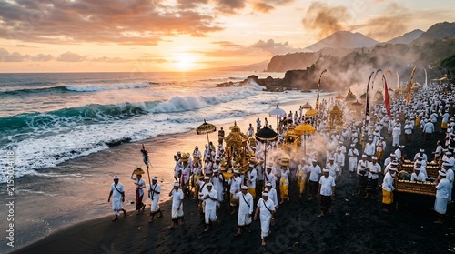 Religious coastal procession on beach during tropical sunset.