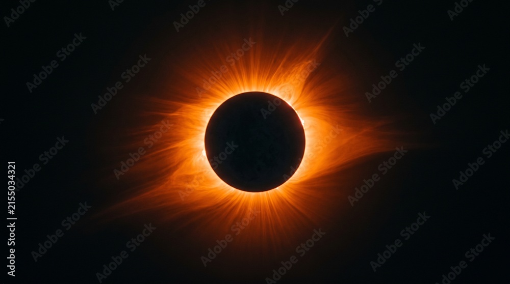 Naklejka premium Total Solar Eclipse with Bright Glowing Golden Sun Corona Isolated on Dark Black Background