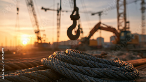 A heavy steel cable sits on a construction site at sunset with cranes. Industrial development concept for.