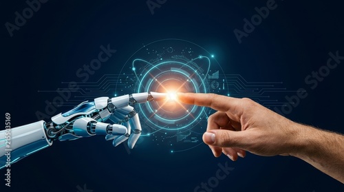 A human and a robotic hand nearly touching with glowing digital interface, symbolizing technology and human interaction.