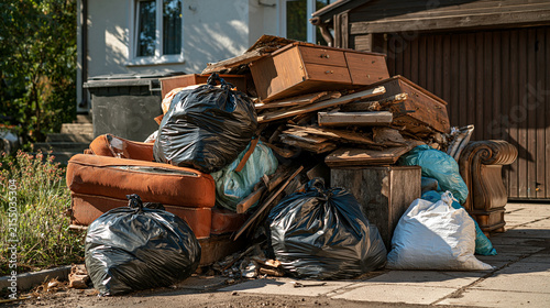 Large pile of household trash and old furniture on a driveway. Symbolizes waste disposal and home renovation cleanup.
