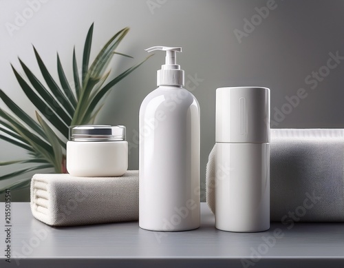 a white plastic mockup bottle designed for shampoo or shower gel along with a dispenser and a glass container for cream