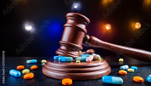 wooden gavel rests on block flanked by pills on a dark surface against a blurred light