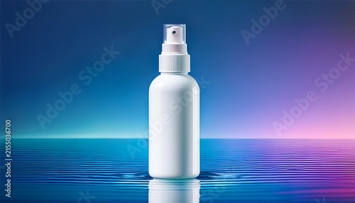this minimalist image highlights a chic white spray bottle with a tidy design placed on a clear blue water surface with a gentle gradient of blue and purple behind it great for skincare or beauty