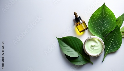 concept of natural cosmetics featuring a green leaf cream lotion and essential oil on a white background viewed from above with space for text