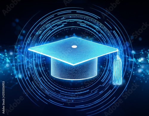 digital graduation cap constructed of glowing blue particles on a circular tech design