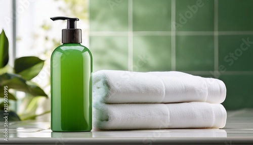 a green bottle of moisturizing lotion sits alongside two white towels in the bathroom it s all about body and skin care here plenty of room for text high quality image