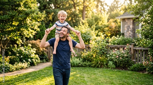 Father carrying his happy son on shoulders in a lush green garden during golden hour sunlight