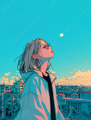 満月の夜空を見上げながら歩く若い女性