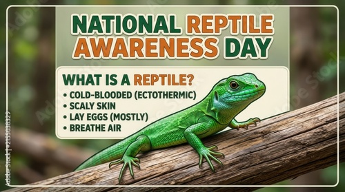 A green anole lizard clings to a branch promoting national reptile awareness day herpetology scaley ectothermic coldblooded wildlife nature fauna vertebrate animal conservation
