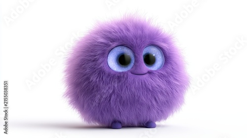 Cute purple fluffy monster with big glowing eyes isolated on white background