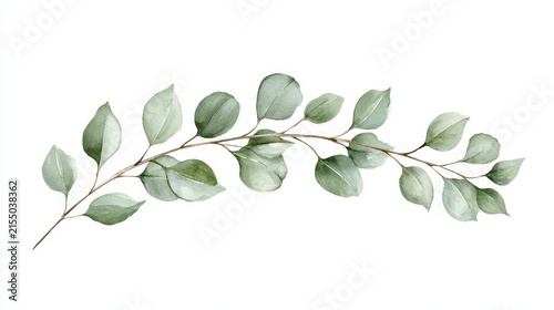 Watercolor illustration of a decorative eucalyptus branch with green leaves, isolated on white background