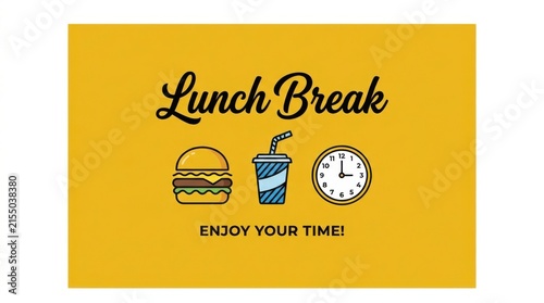 Hamburger beverage and clock illustration on a yellow background burger sandwich fastfood drink soda cup time wristwatch hour minute mealtime breaktime lunch recreation
