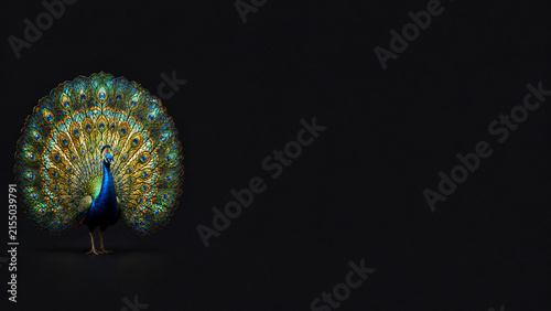 Majestic Peacock with Stained Glass Mosaic Tail on Black Background and Copy Space