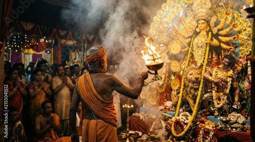 A hindu priest performs a ritual with a flaming incense burner before the goddess durga during durga puja celebrations hinduism religious ceremony