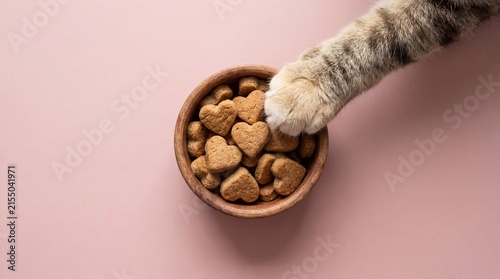 cat paw reaching for heart shaped pet treats in wooden bowl on pink background. animal nutrition, feeding and love concept. copyspace, banner, website header.