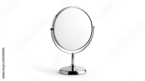 Minimalist chrome tabletop makeup mirror isolated on white background