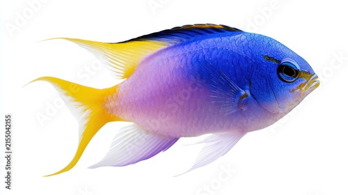 Colorful blue damselfish with yellow tail isolated on white background